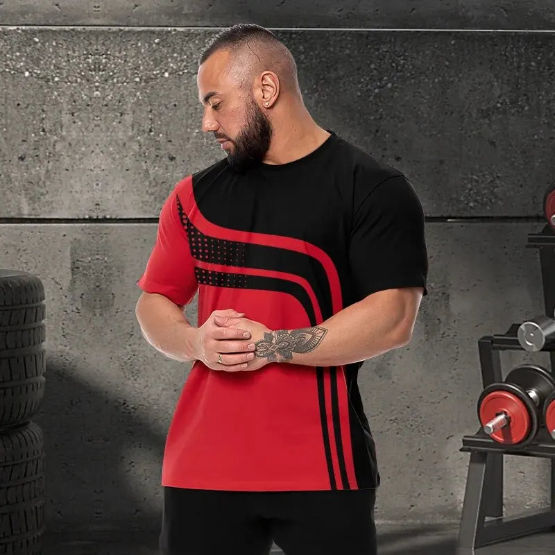 2025 New Men'S T-Shirt Geometric Stripes Novelty round Neck Summer Casual Retro Short-Sleeved Daily Streetwear
