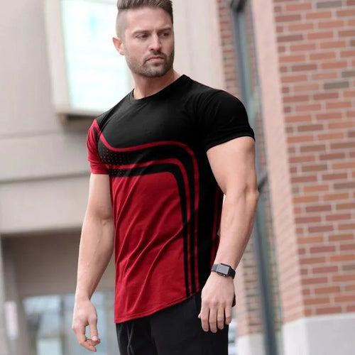 2025 New Men'S T-Shirt Geometric Stripes Novelty round Neck Summer Casual Retro Short-Sleeved Daily Streetwear